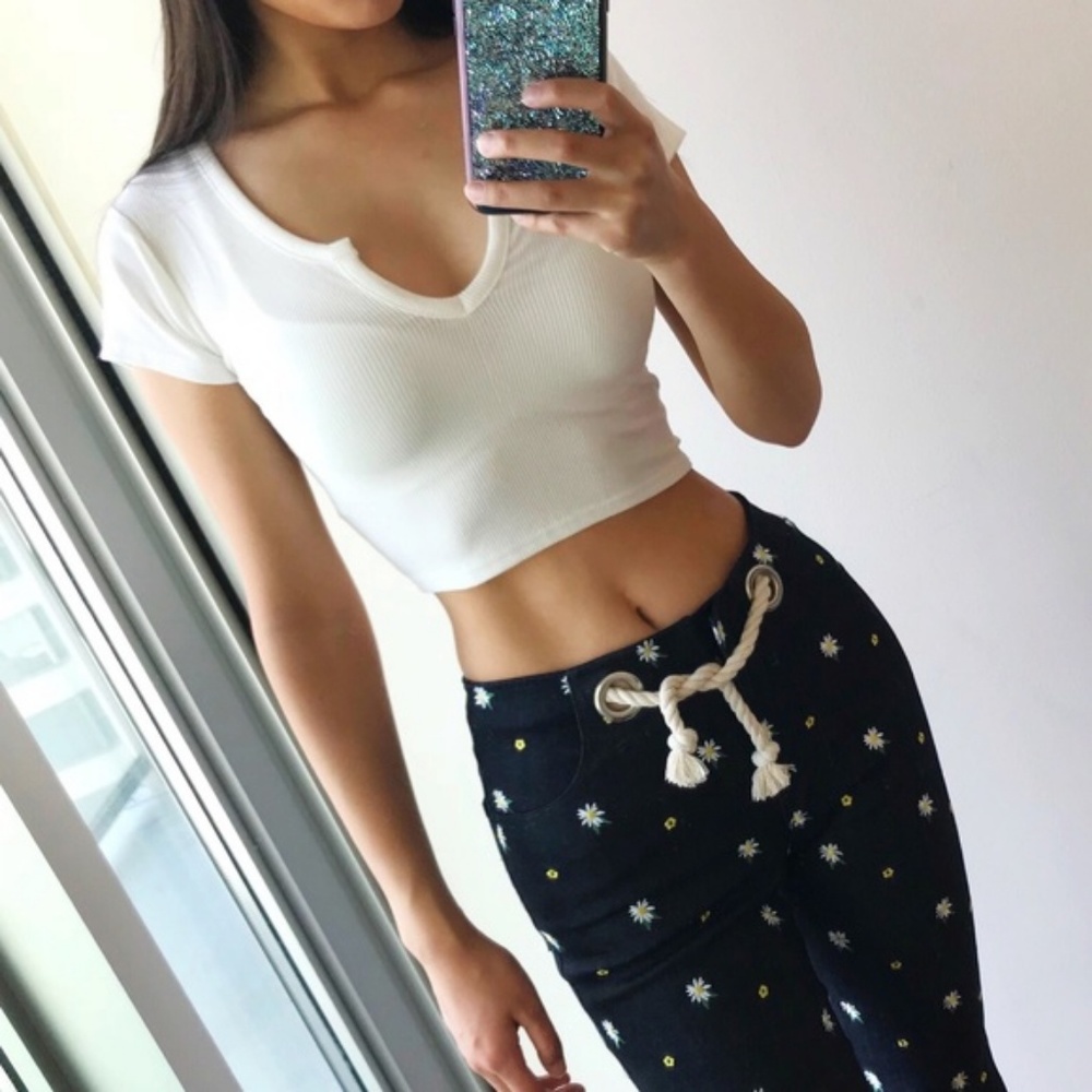 Creamy White Ribbed Neck Slit Crop Top